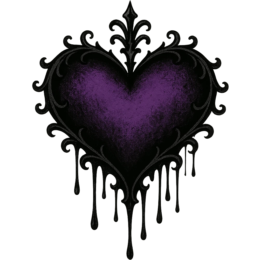 gothic style heart with dripping black ink, black and purple colors, transparent background emoji