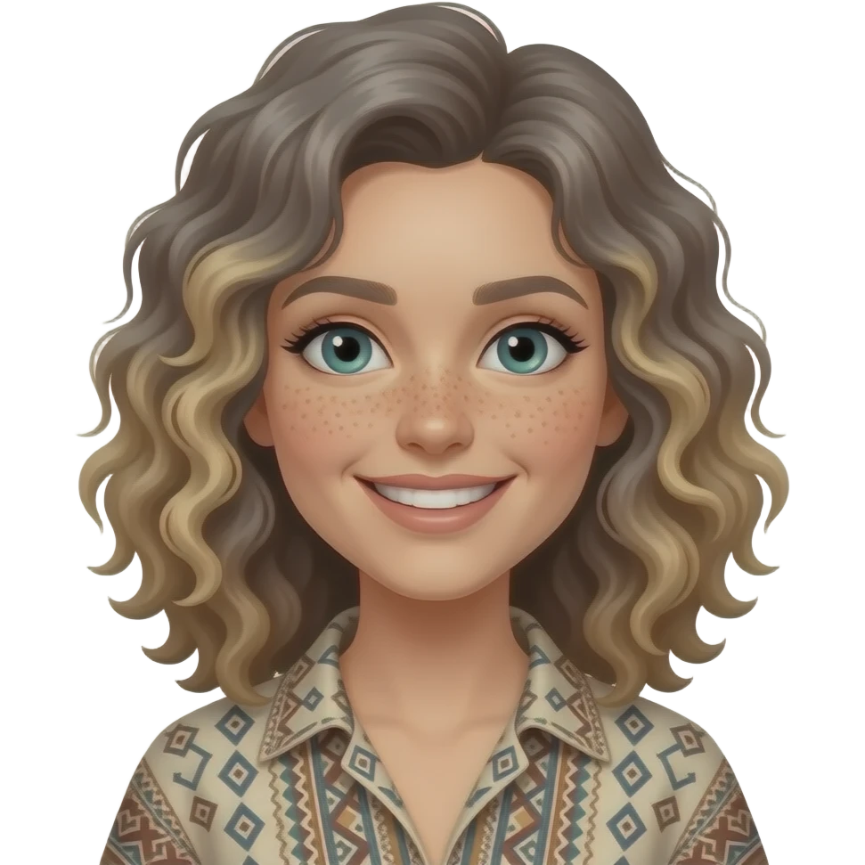 boho shirt shoulder length curly more greyish brown blond highlights blue/green eyes freckles across nose smiling woman emoji