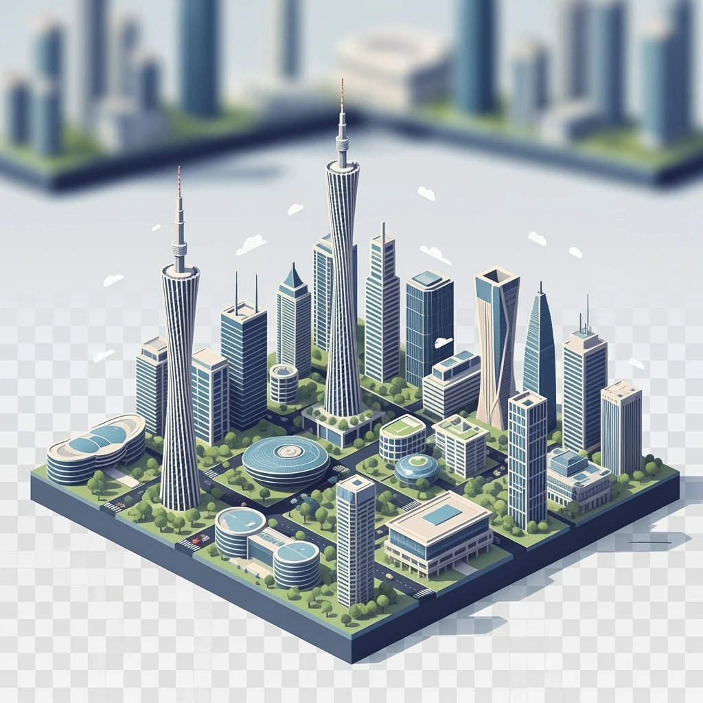 Isometric minimalistic illustration of mix Guangzhou, Shenzhen and Dongguan subtle 3D miniature effect and Tilt Shift effect, no cartoonish look, transparent background. emoji