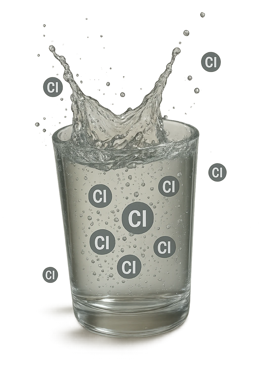 un bicchiere di acqua cade verticalmente dall'alto realistico e dettagliato, dentro l'acqua del bicchiere ci sono particelle di cloro ben visibili con la scritta "Cl" sopra, ci sono particelle anche che escono dal bicchiere e fluttuano in aria verticalmente, mentre alcune sono all'interno dell'acqua nel bicchiere, iperrealistico 4k emoji