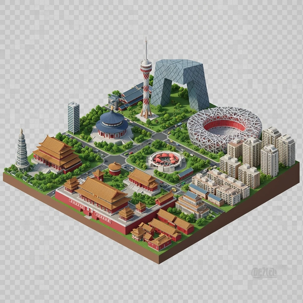 Isometric miniature of Beijing Forbidden City, Tiananmen Square, CCTV Headquarters, Temple of Heaven, China Zun tower, Bird’s Nest Stadium, Beijing apartment blocks, 3D miniature effect and Tilt Shift effect, no cartoonish look, transparent background, don't cut angles emoji