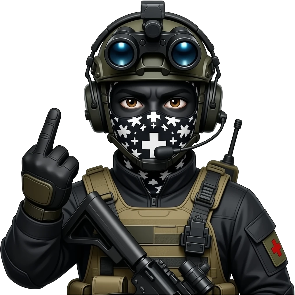man wearing a black special tactics medical force outfit, face total painted black and a black and white patterned balaclava and wears a headset and a big black night vision device on his headtop FATIGUE AND COMBAT BOOTS PLATE with a helmet and a mask shows her middle fingers emoji