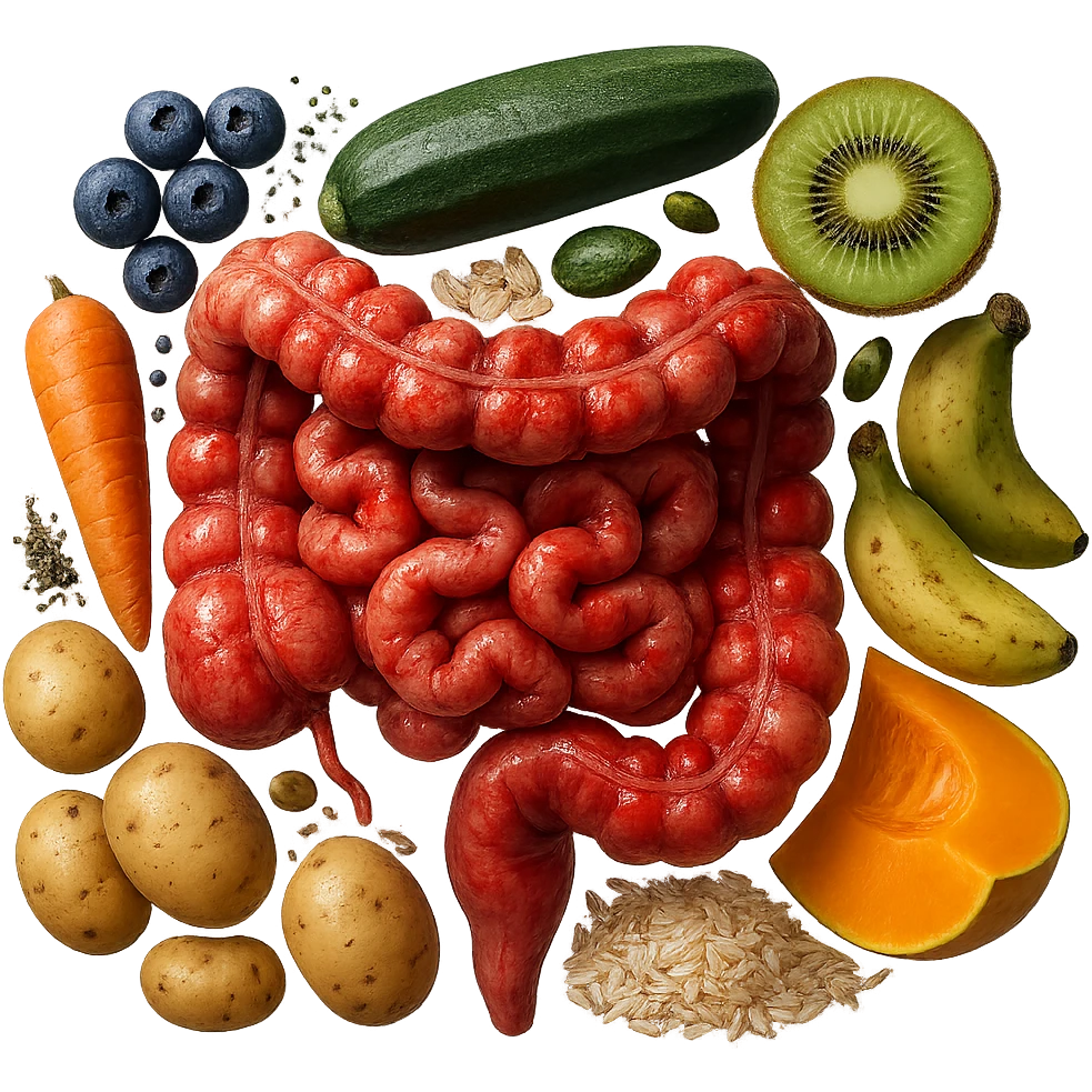 intestino umano anatomico infiammato con carota, fiocchi di avena, zucchine, kiwi, mirtilli, semi di chia, patate, banane acerbe, zucca, riso che gli fluttuano dietro, iperrealistico 4k emoji