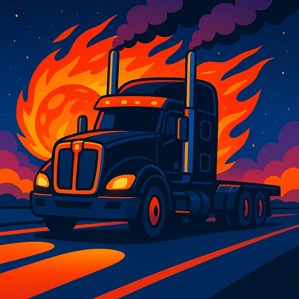 Add a big, colorful cartoon fireball behind the black Kenworth T680 Flat Top semi truck on the nighttime highway, keeping the energetic cartoon style and smoke from the stacks. emoji