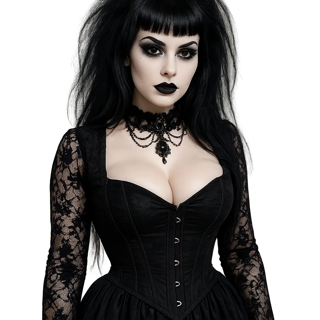 gothic girl with large chest, gothic fashion, dark makeup, pale skin, dramatic style emoji