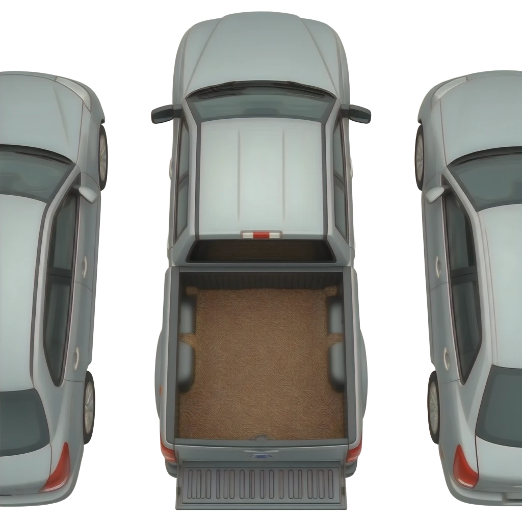 Gray F150 with full of bark chips in the back upside down in between two other cars emoji