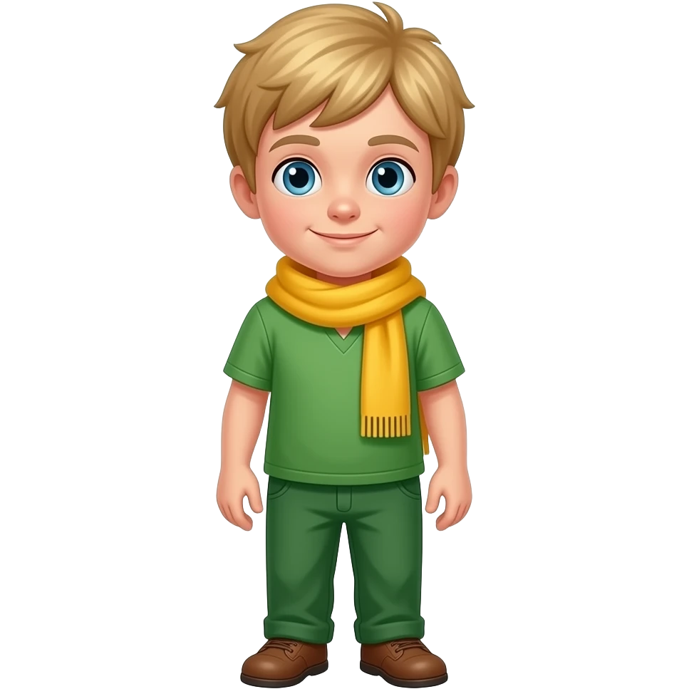 Blond boy with blue eyes in a Green trouser and top with a yellow scarf emoji