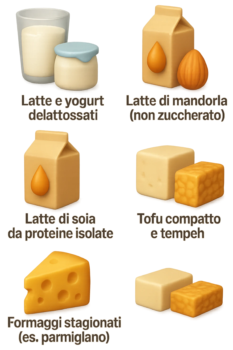emoji stile iphone 3d di questi elementi che fluttuano in aria:

Latte e yogurt delattosati
Latte di mandorla (non zuccherato)
Latte di soia da proteine isolate
Formaggi stagionati (es. parmigiano)
Tofu compatto e tempeh
 che fluttuano in aria,  le etichette scrivile in italiano, iperealistico 4k emoji