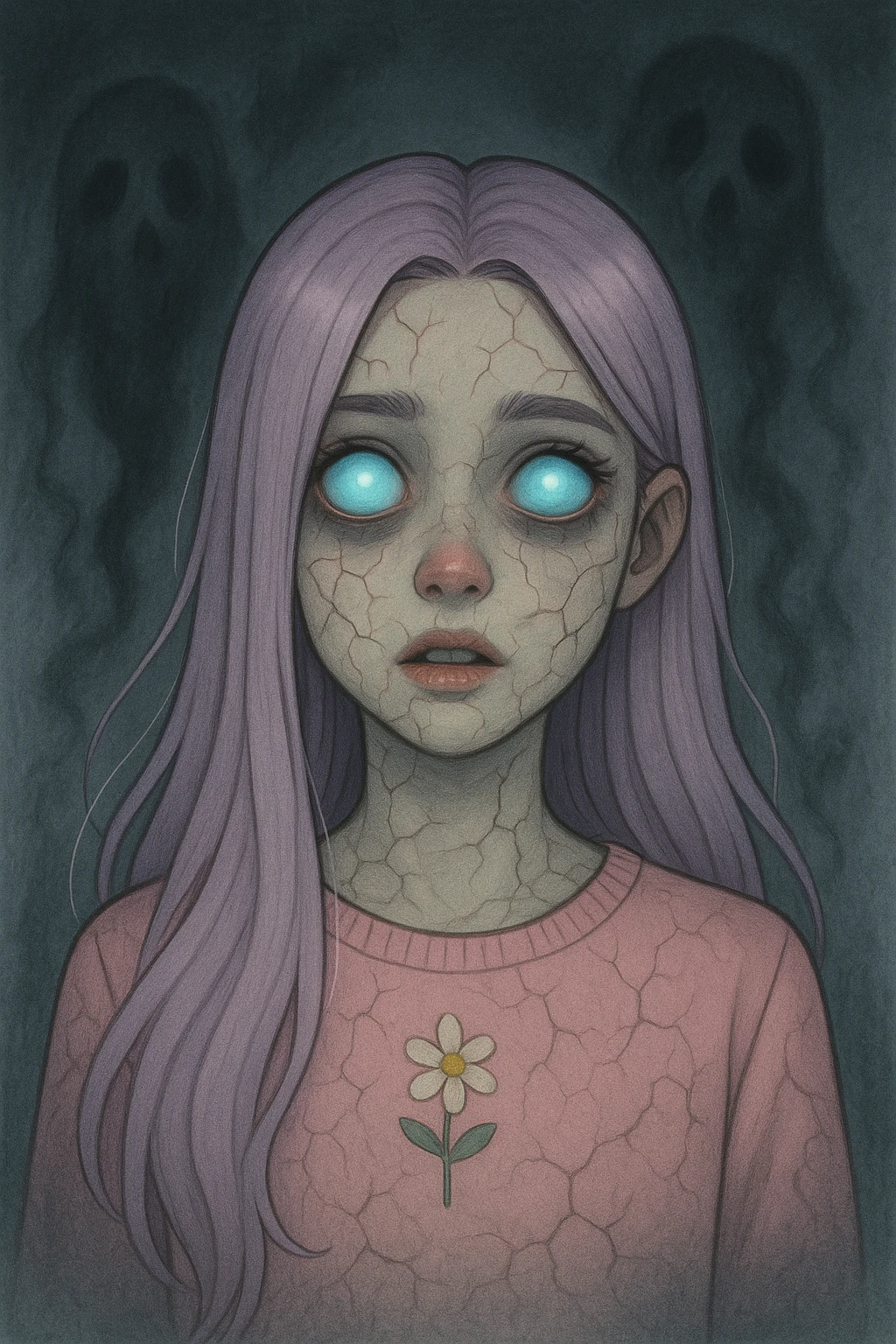 Make this pastel horror profile picture scarier while keeping it cute, expressive, and minimal, inspired by the style of imagen-4-fast-KaUtLiSA10F. Enhance the horror elements subtly but maintain the pastel color palette and minimalistic design with expressive features. emoji
