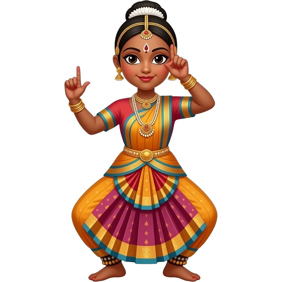 Light brown skin girl in a bharatnataym dress with actual bharatnatayam pose full body in aramundi RIHT hand doing kartarimukham  close to right eye and left hand doing alapadmam emoji