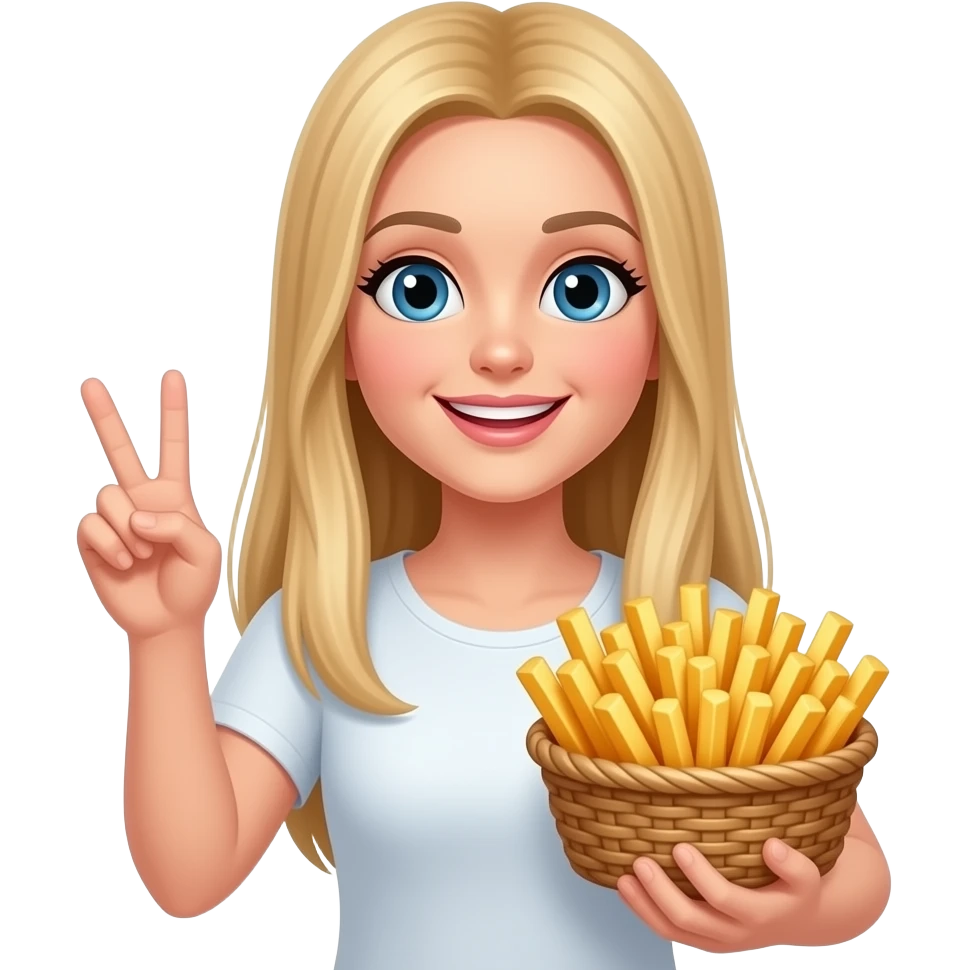 Blonde lady straight hair middle part long holding french fries in a french fry holder throwing up peace with innocent smile emoji