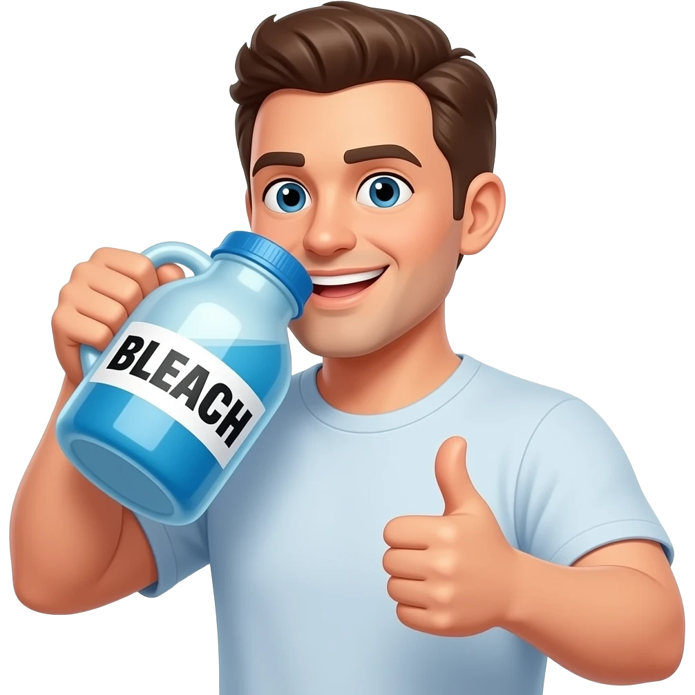 man drinking a jug that says BLEACH in big bold letters  and giving thumbs up emoji