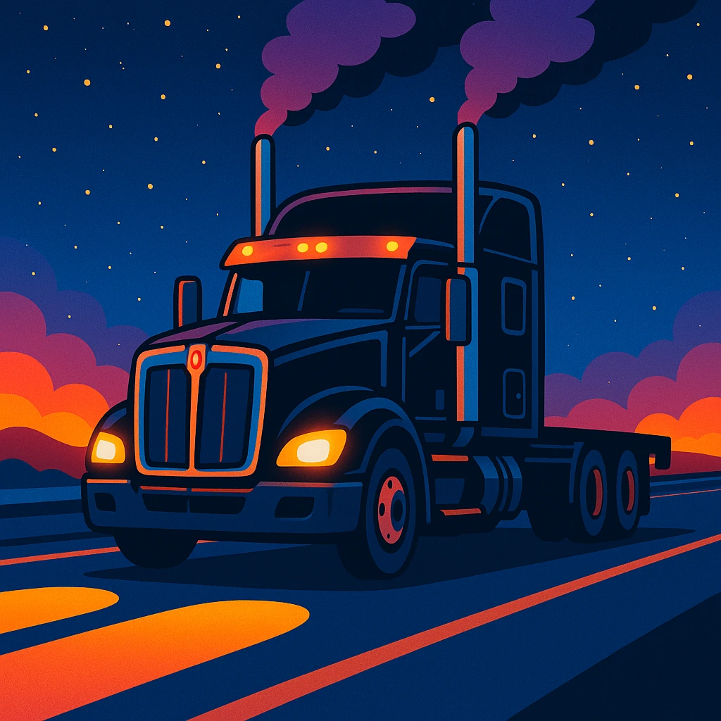 cartoon illustration black Kenworth T680 Flat Top semi truck on nighttime highway, smoke billowing from stacks, glowing headlights, starry sky, energetic and colorful emoji