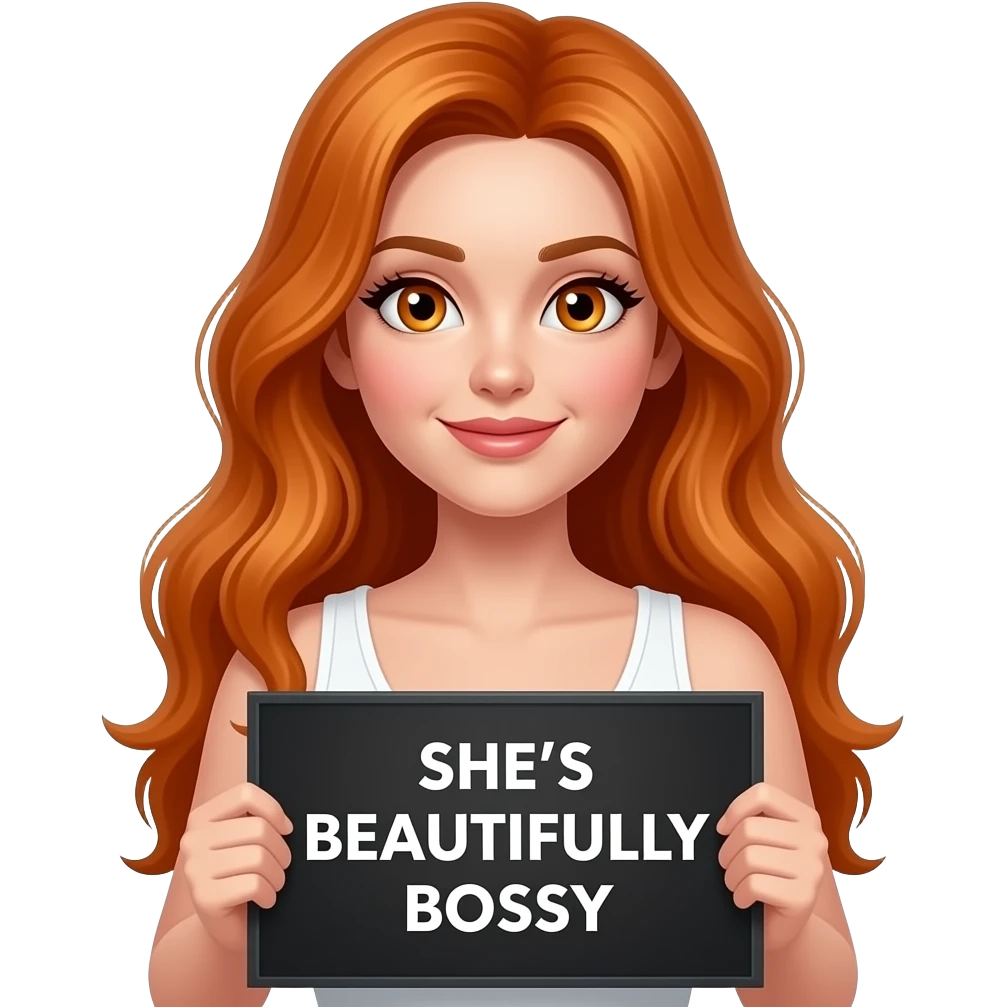 sexy girl with long ginger hair and ginger eyes wearing a white tanktop is holding a black sign with SHE'S BEAUTIFULLY BOSSY written on it emoji