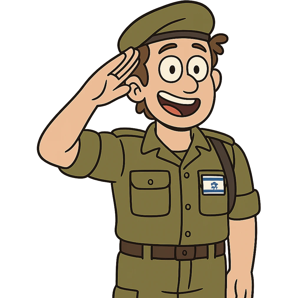 an Israeli soldier, cartoon style, saluting, cheerful expression emoji