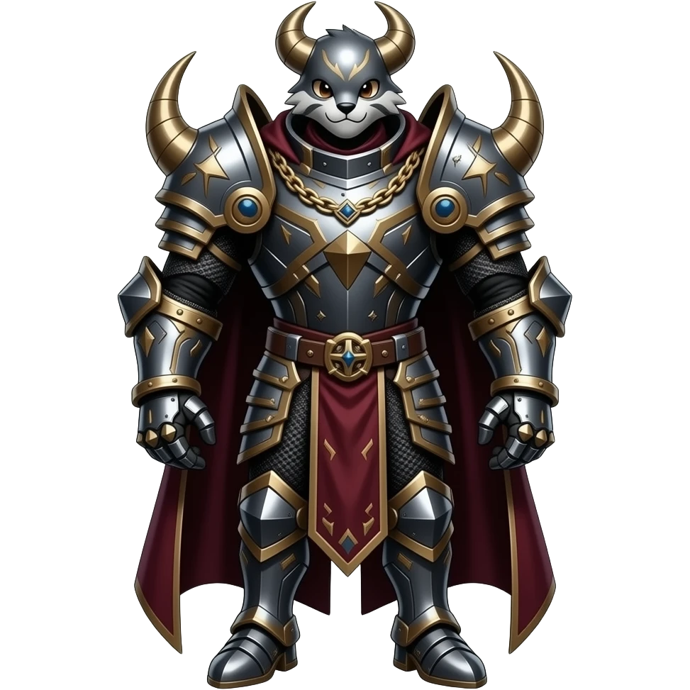 Epic complex knightly divine glorious futuristic detailed dark dusky gloomy deep gothic sanguine-blood-maroon-black-white, realistic Fakémon-Sprigatito-Floragato-Meowscarada-Trico-Sergal-Serval-Vernid-creature (full body) with metal gears and metal collar with gold chains emoji