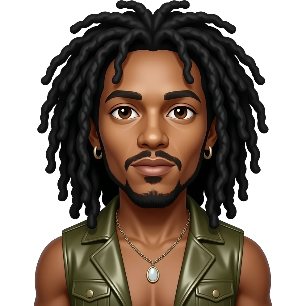 Bob Marley with dark brown eyes, long black dreadlocks, olive metallic vest, shirtless with necklace and earrings emoji