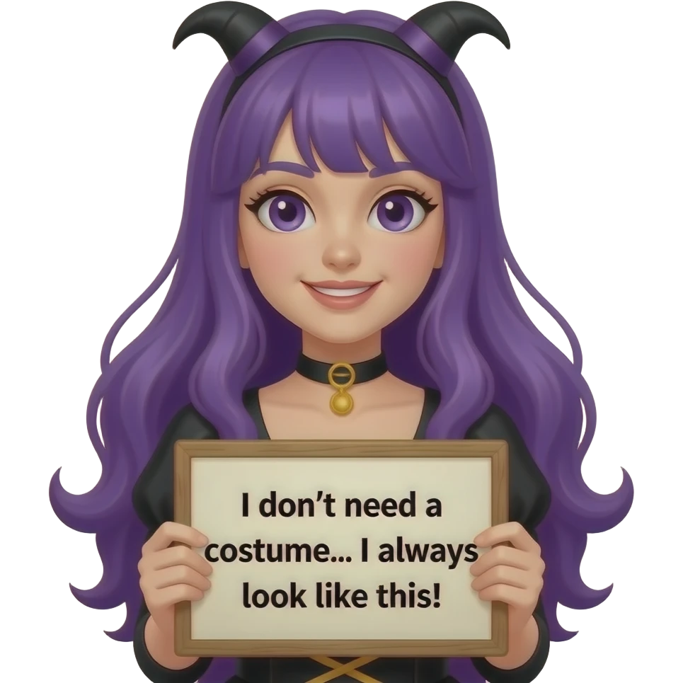 girl with long purple hair wearing a halloween costume holding a Ich brauche KEIN KOSTÜM... Ich sehe immer so aus! sign emoji