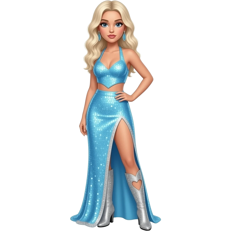 Sabrina Carpenter platinum blonde hair wears a vibrant light blue sequined two-piece set featuring a halter-style crop top with a pointed hem and a matching floor length skirt . Both pieces are edged in silver glitter trim. Silvery glittery rhinestone boots with heart cut out at side emoji