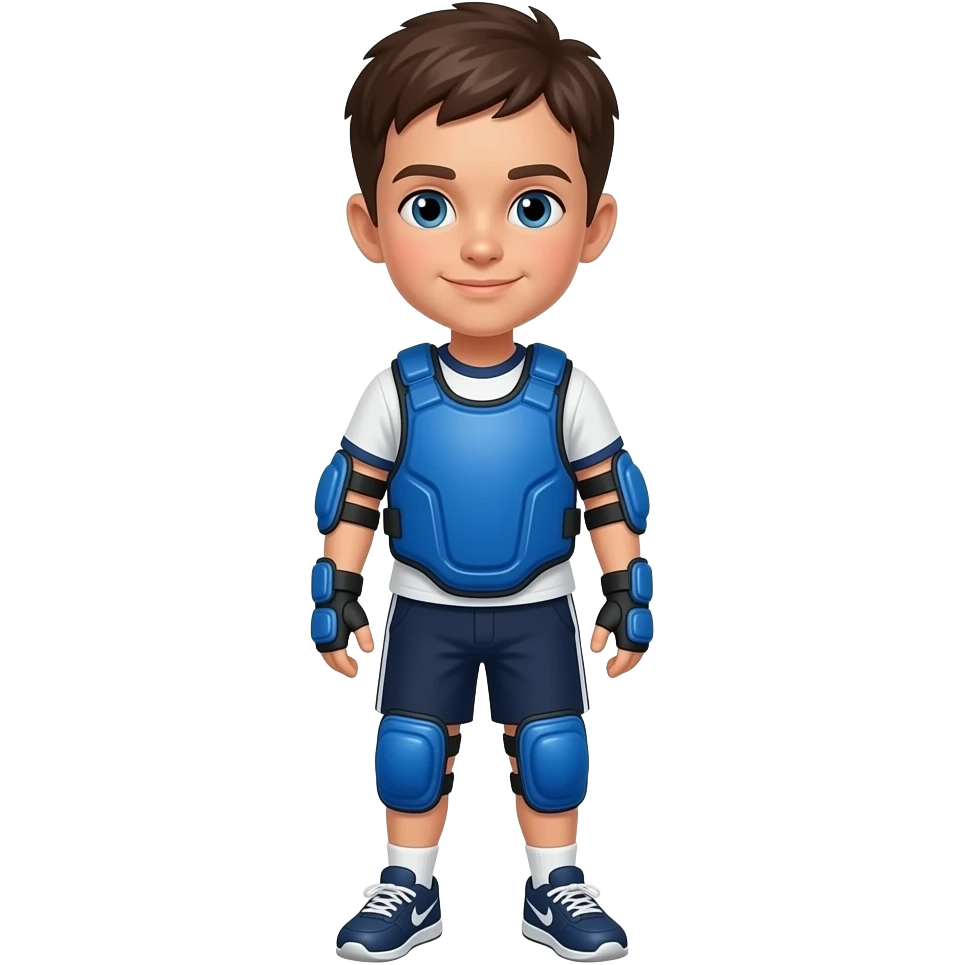 Child standing upright, blue protective pads with identical placement, neutral face, clean sporty silhouette.
 emoji