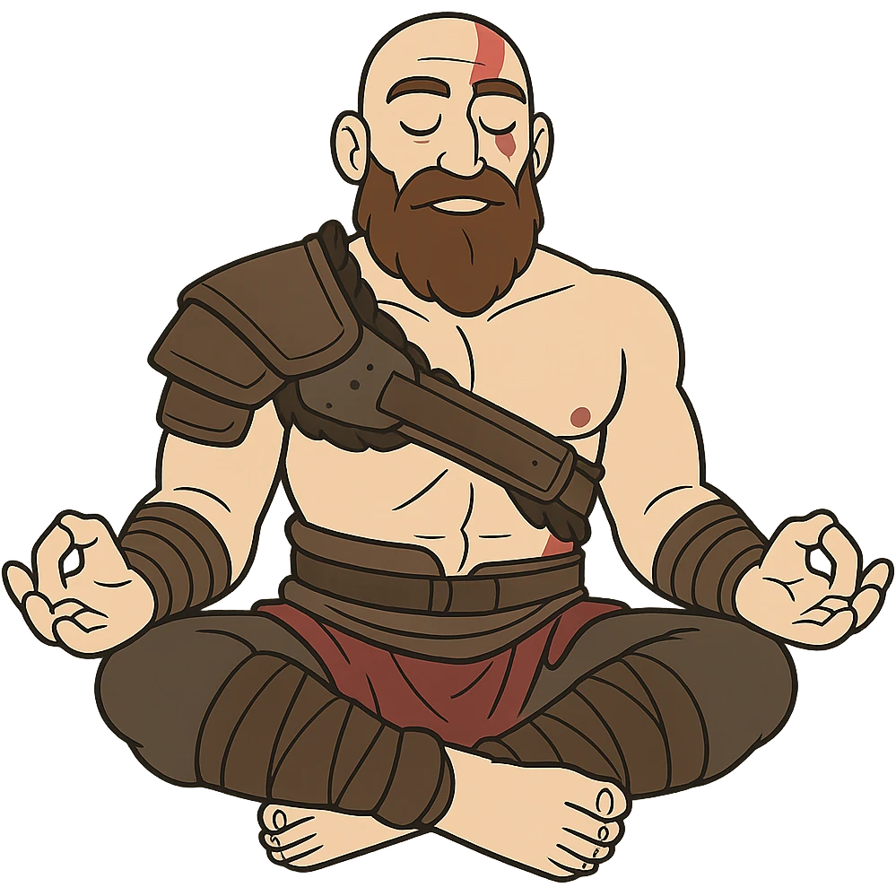 Kratos, God of War, meditating with a serene face, cartoon style emoji