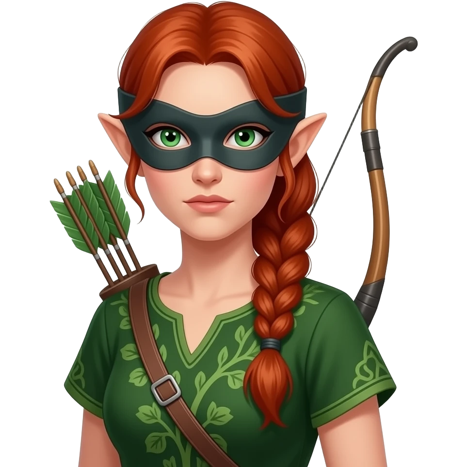 femme adulte rousse aux yeux verts, tresse haute jusque dans le dos, ressemble à une elfe, archère avec un carquois et un arc, voleuse avec un masque sombre qui cache ses yeux, tenue verte, air déterminé emoji
