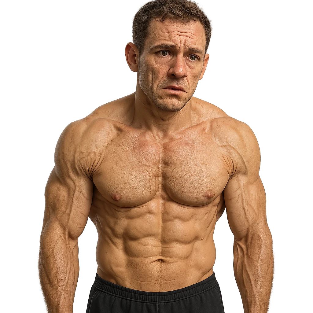 25-year-old bodybuilder, declining collagen levels, hyper realistic style, visible muscles, skin with early signs of sagging on face and arms, worried expression, realistic details, light background emoji
