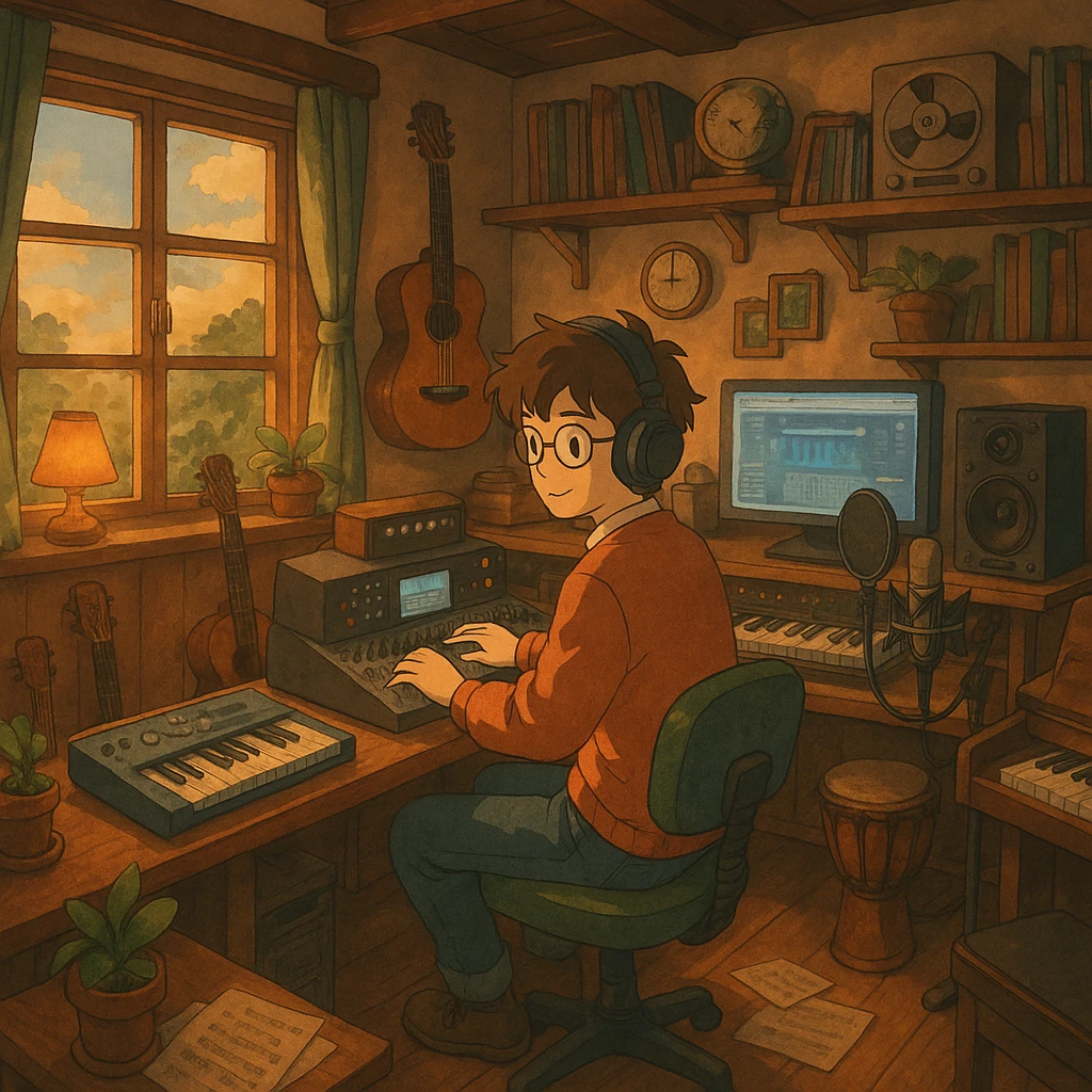 music producer in a cozy studio with instruments, warm lighting emoji