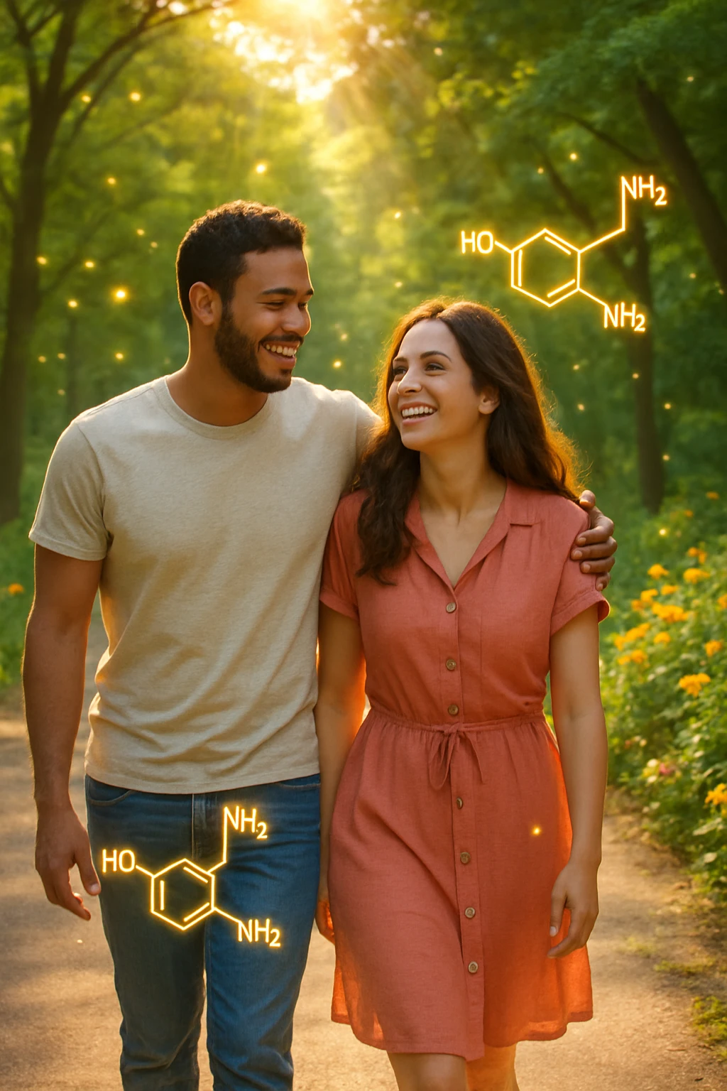 a smiling man and woman walk together along a sunlit park path, surrounded by green trees and blooming flowers. Sunbeams gently illuminate their faces, and subtle, glowing dopamine symbols float around them, symbolizing natural, healthy pleasure. The mood is uplifting and serene. emoji