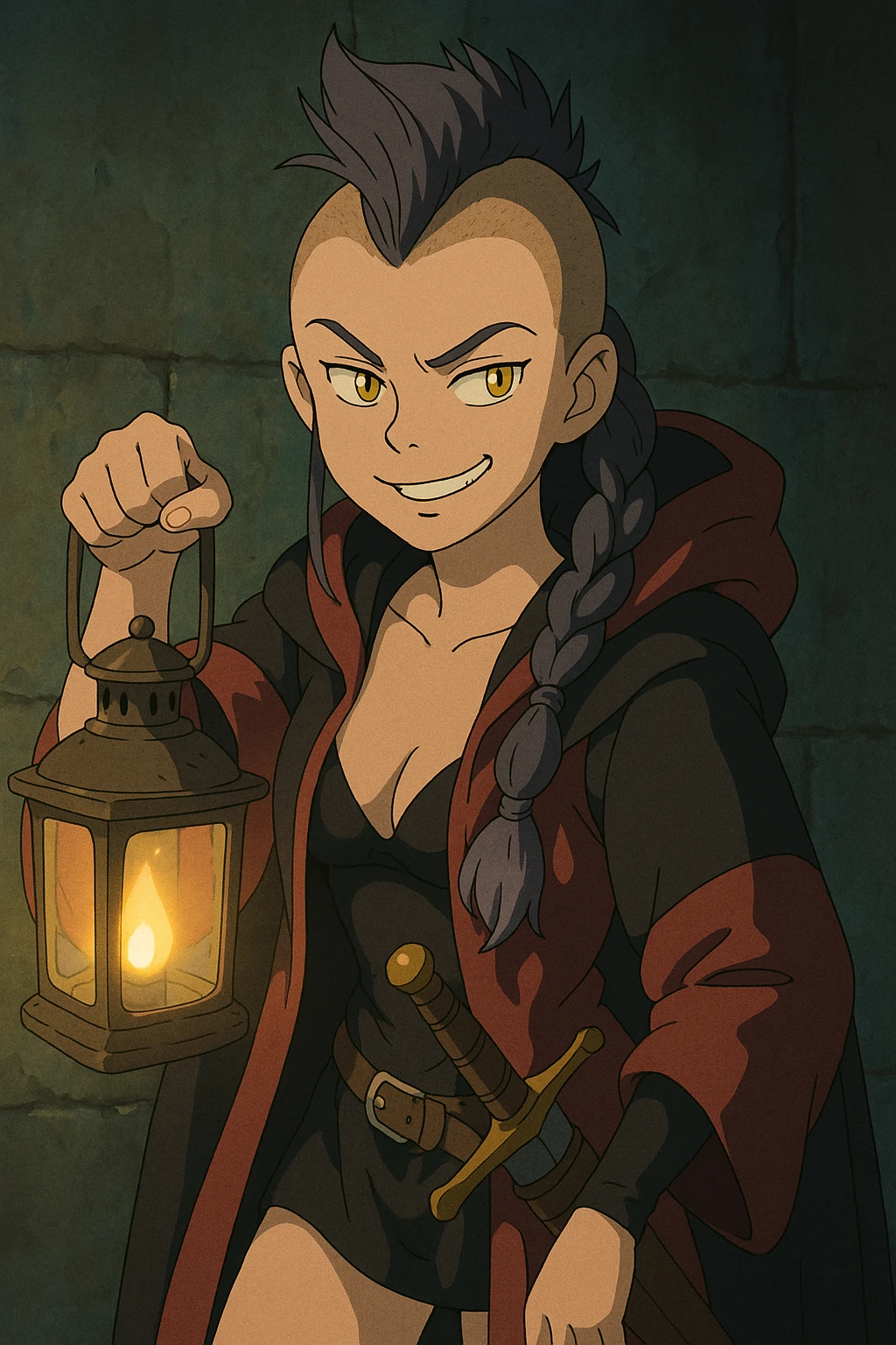 A sword maiden, mohawk, long braid with lavender tips hair, gold yellow eyes, blood red and black revealing hoodie, brandishing a lantern. Mischievous smirk emoji