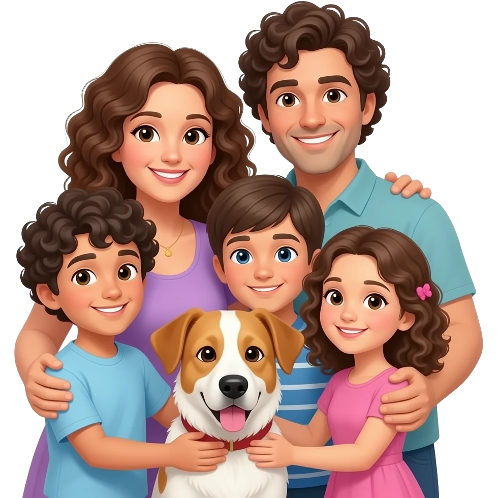 Italian family of 5 mom curly hair dad  curly hair 1 son curly hair 1 son straight hair  1 daughter curly hair hugging 1 white hound mix emoji