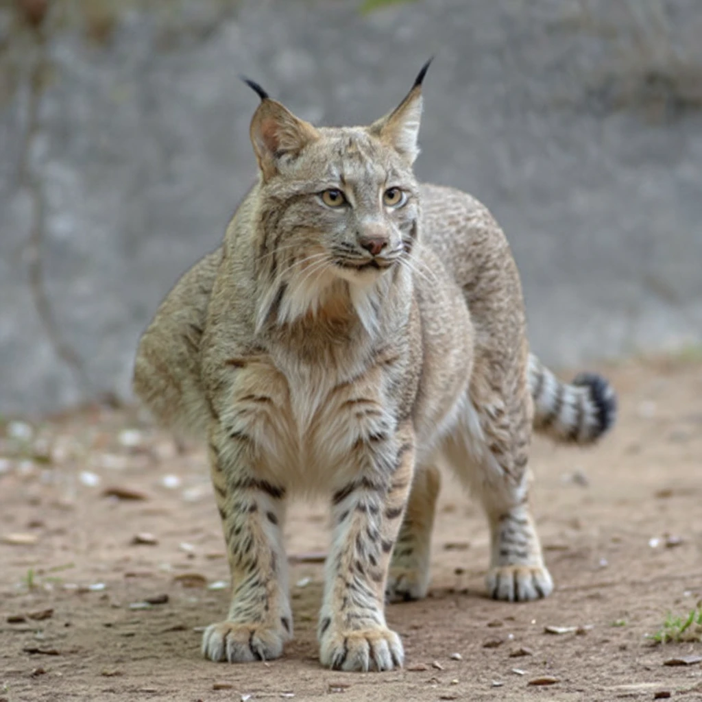 Create a realistic full body image of a lynx in a natural pose with detailed fur. Use a neutral background to emphasize the natural and lifelike appearance of the lynx. emoji