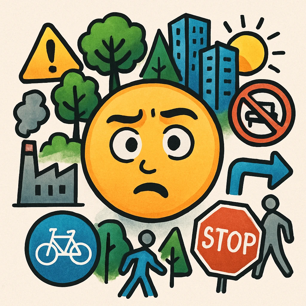 a face with a puzzled look, surrounded by sharp, vivid environmental icons like trees, buildings, and signs emoji