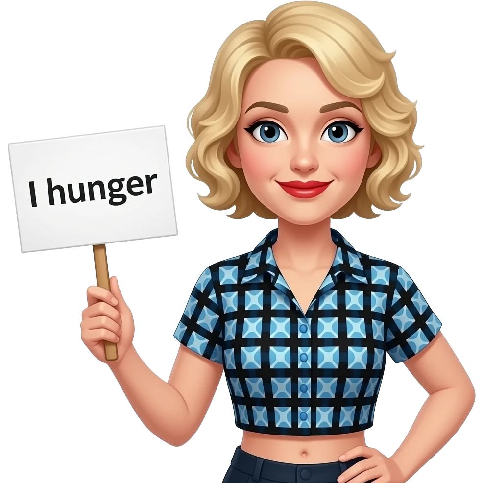 short blonde curly hair side swept bob with shy smile, red lipstick with a sign saying I hunger, my tummy is rumbling in a blue and black short sleeve blouse emoji