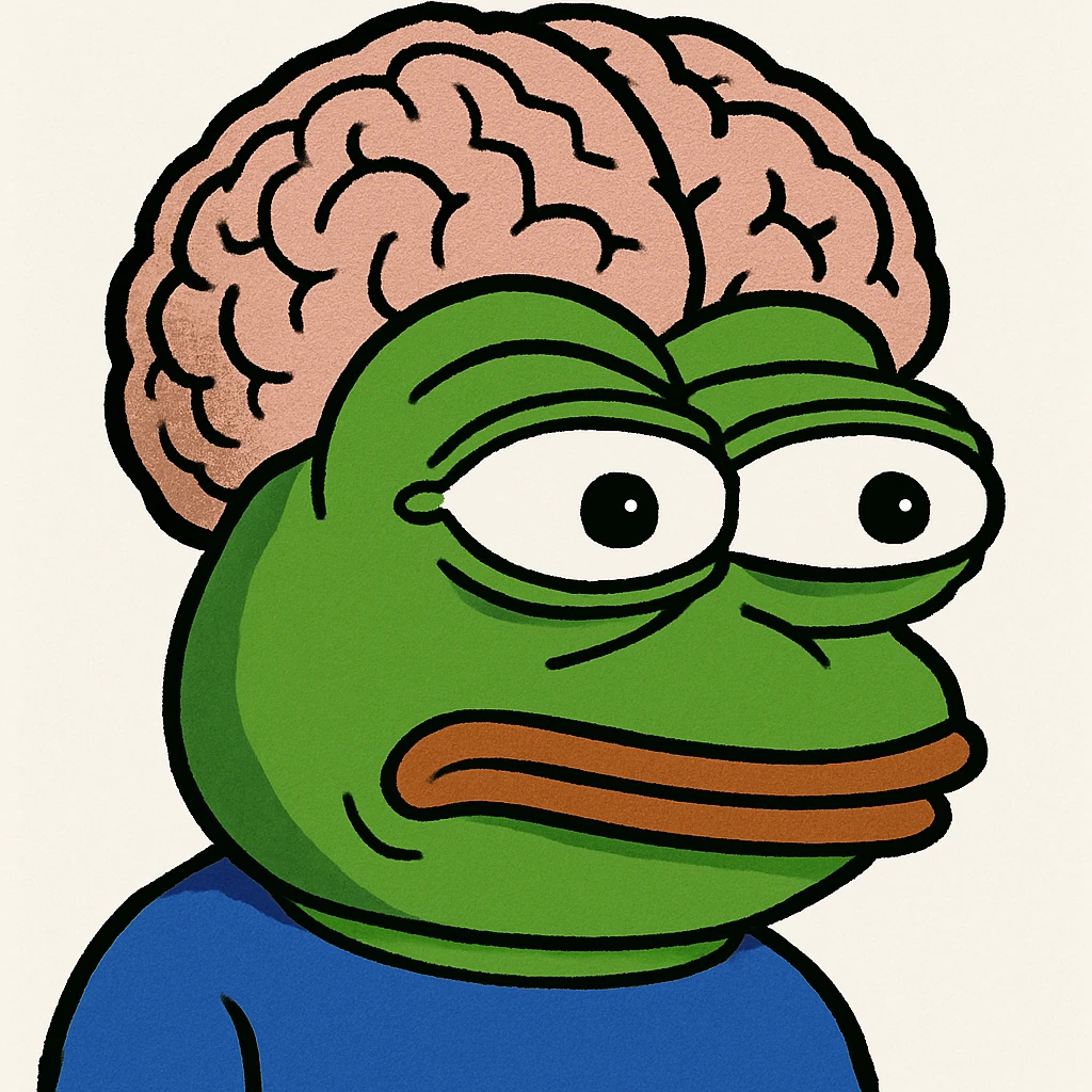 pepe the frog, big brain, comical meme style, humorous emoji