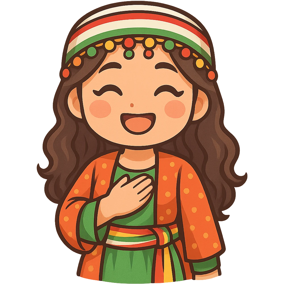 cartoon sticker of a Kurdish woman in traditional female clothing, hand on chest (salute) pose, open smile, colorful and cheerful, no text, suitable for WhatsApp and Instagram emoji