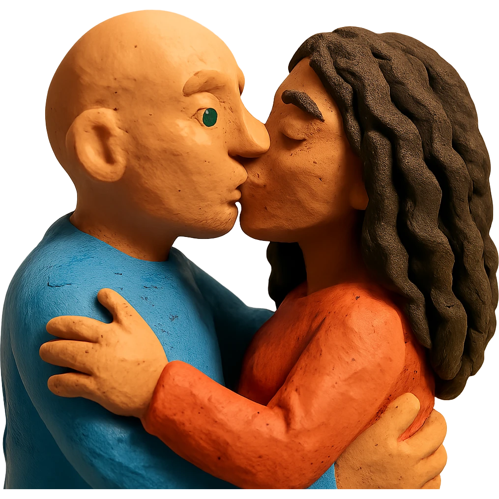 caucasian bald man with green eyes and caucasian woman with long curly dark hair and brown eyes kissing, claymation style emoji