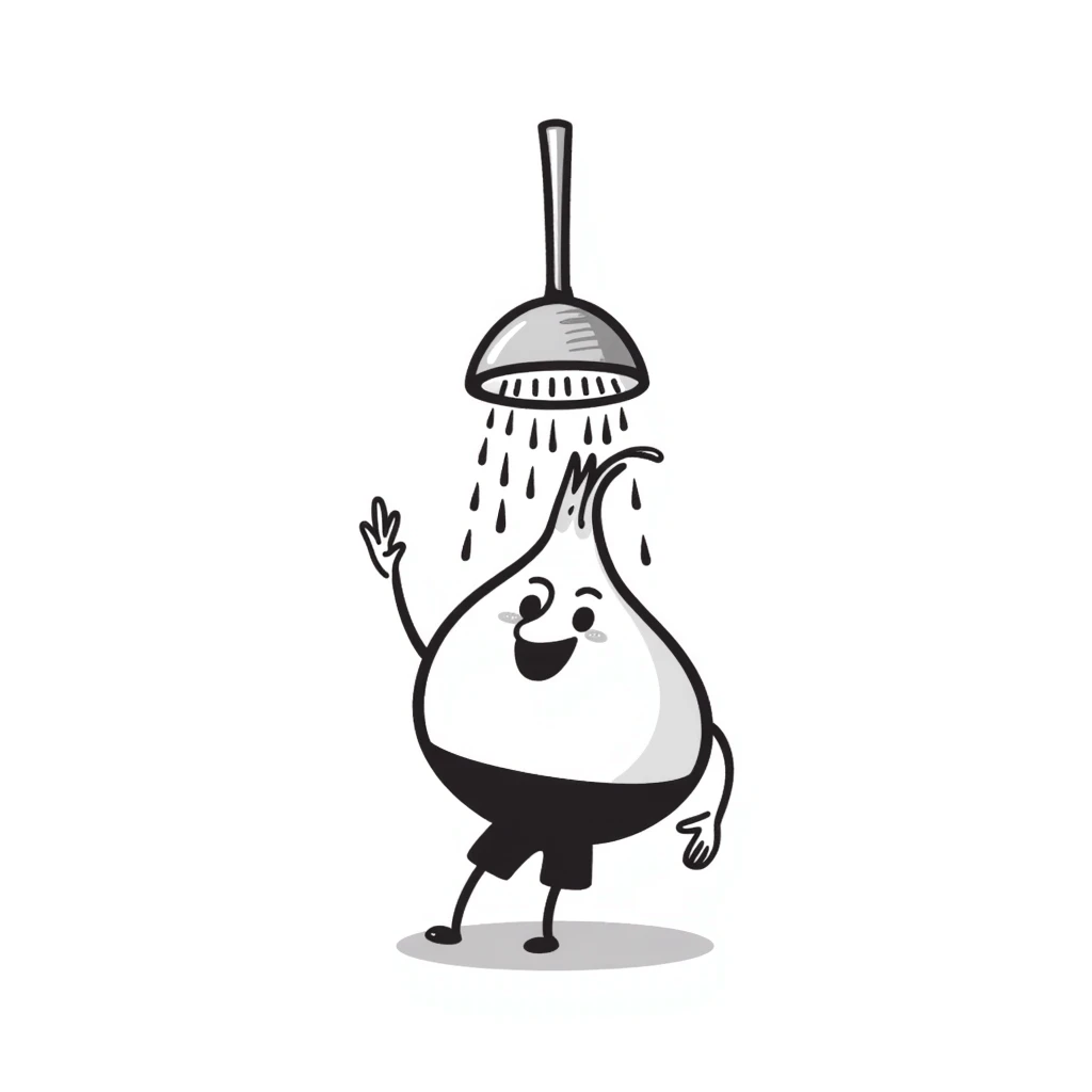 cute onion standing under a showerhead with water droplets falling emoji