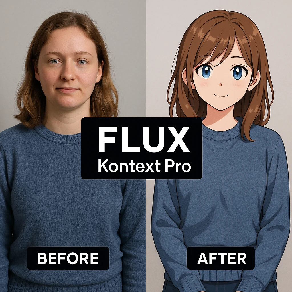 create before after image of a girl before is realsitic photo, after is anime version of her in same pose and clothes, add logo with text of a "FLUX Kontext Pro" in middle in big, black background emoji