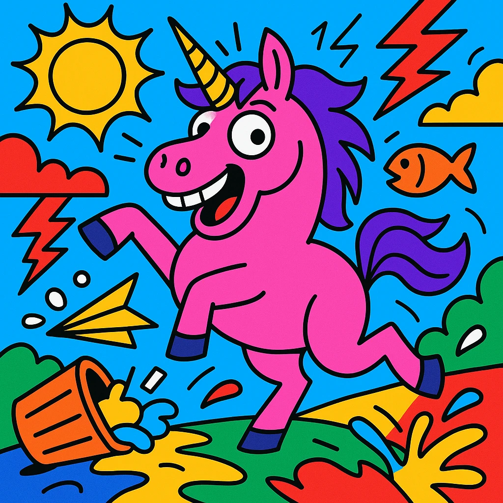 silly neon pink unicorn, wild scene, playful mayhem, bold lines, cartoon style, vibrant colors emoji