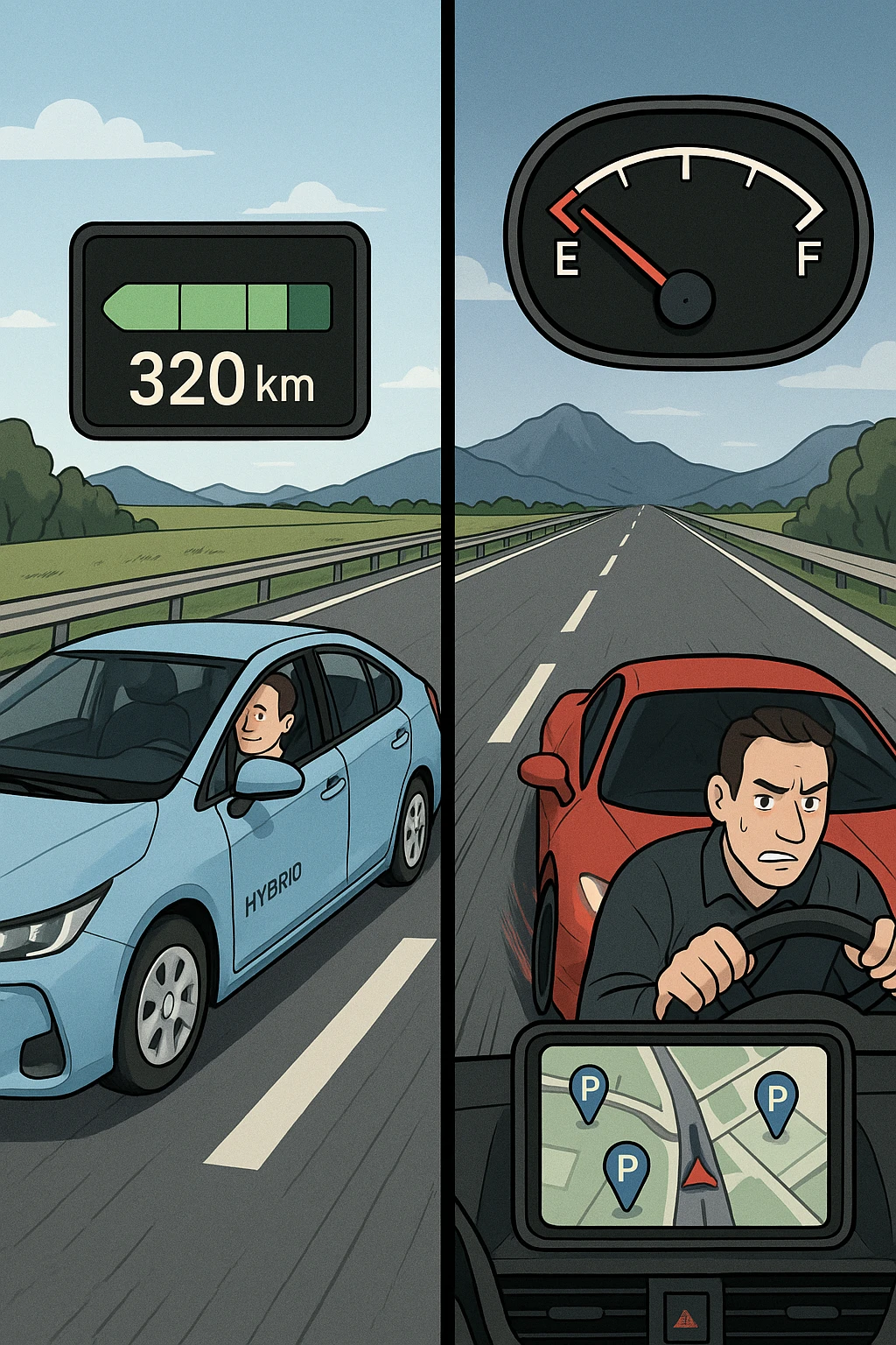 "Split screen highway scene: left side fuel-efficient hybrid car smoothly cruising at optimal speed with digital display showing remaining range 320km, serene driver with relaxed expression; right side gas-guzzling sports car speeding aggressively with fuel gauge rapidly dropping toward empty, stressed driver checking gas stations on GPS, Italian autostrada stretching endlessly ahead, mountain landscape backdrop" emoji