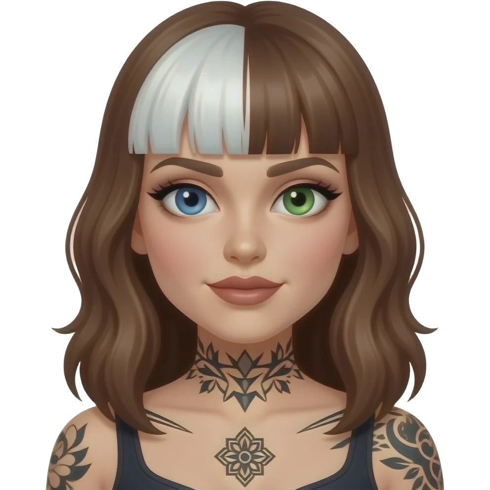 One blue eye one green eye pale white woman with brown hair with white streak in front and dark feminine makeup and body tattoos emoji