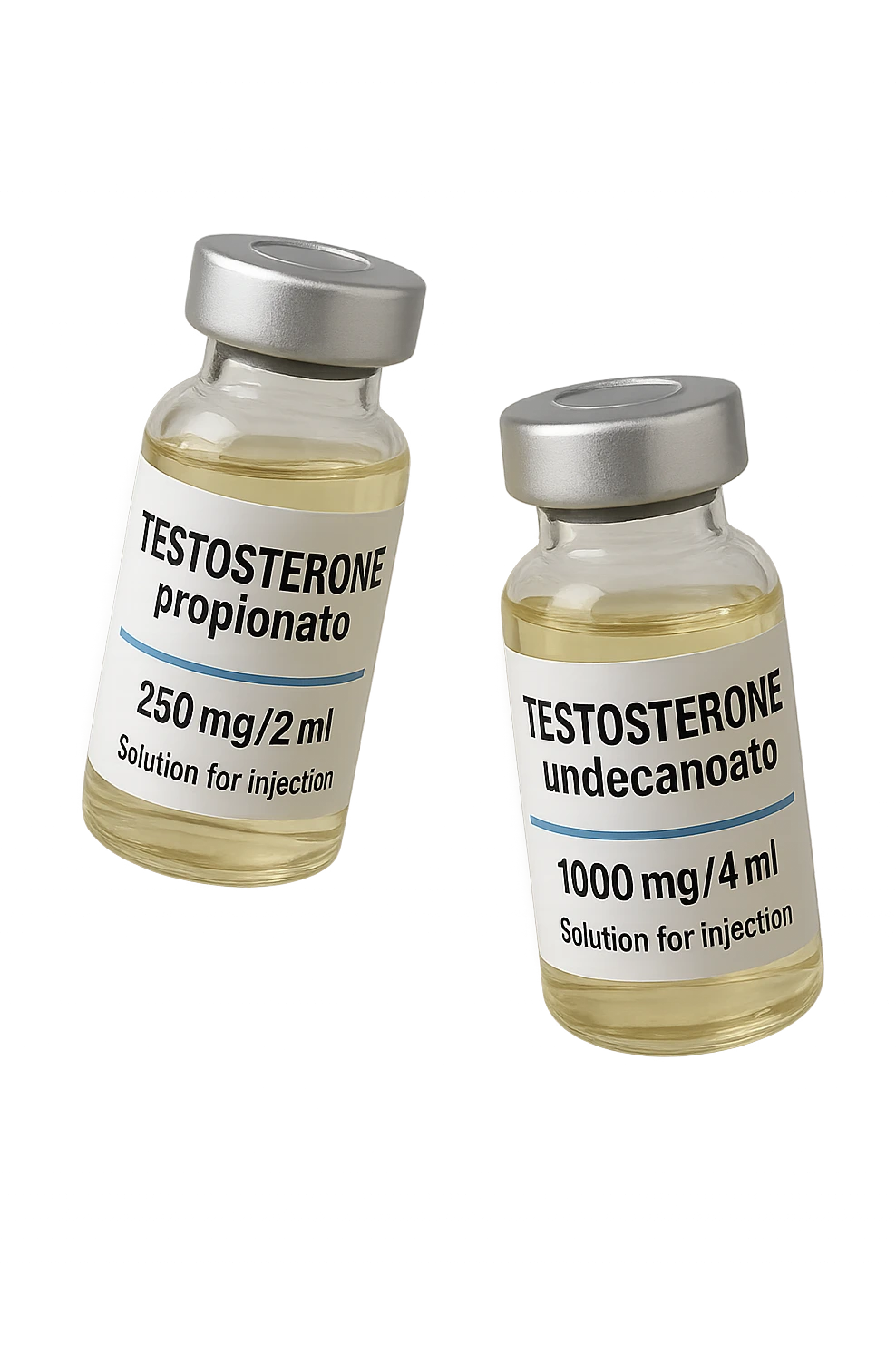 due fiale mediche, una con la scritta "TESTOSTERONE propionato" SULL'ETICHETTA E L'ALTRO CON LA SCRITTA "TESTOSTERONE undecanoato", FLUTTUANO IN ARIA emoji