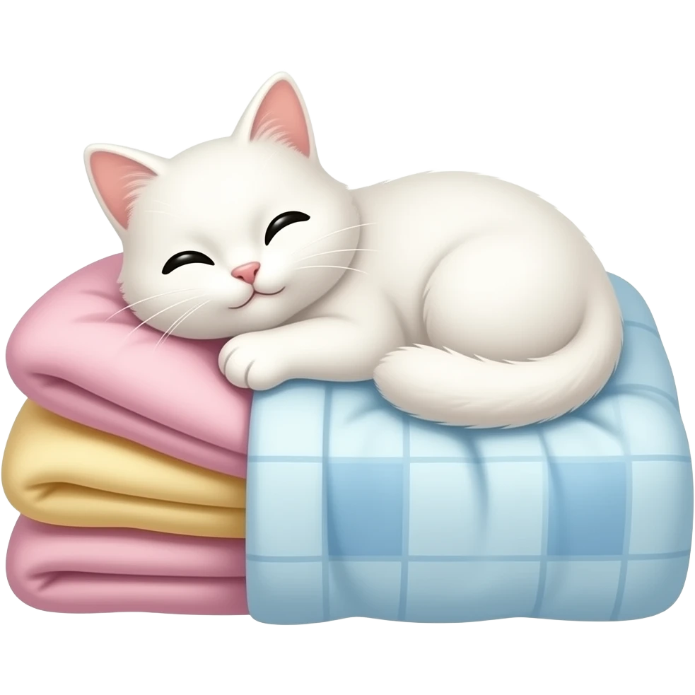 Cute white cat snuggling on blankets emoji