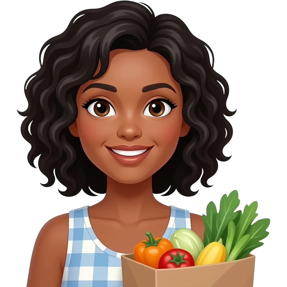 A medium-dark skinned woman with shoulder-length black curly hair grocery shopping. emoji