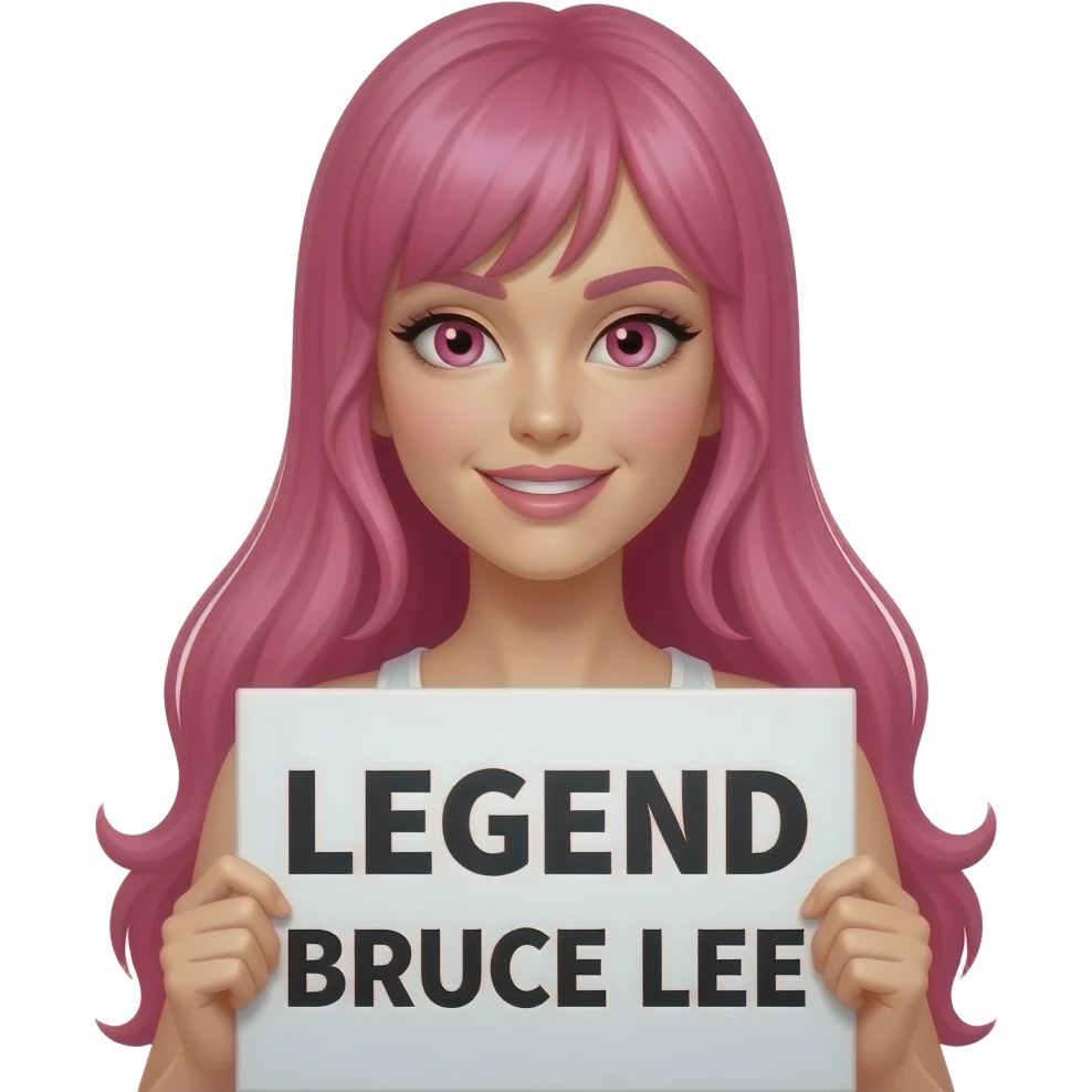 sexy girl with long pink hair and pink eyes holding LEGEND BRUCE LEE sign emoji