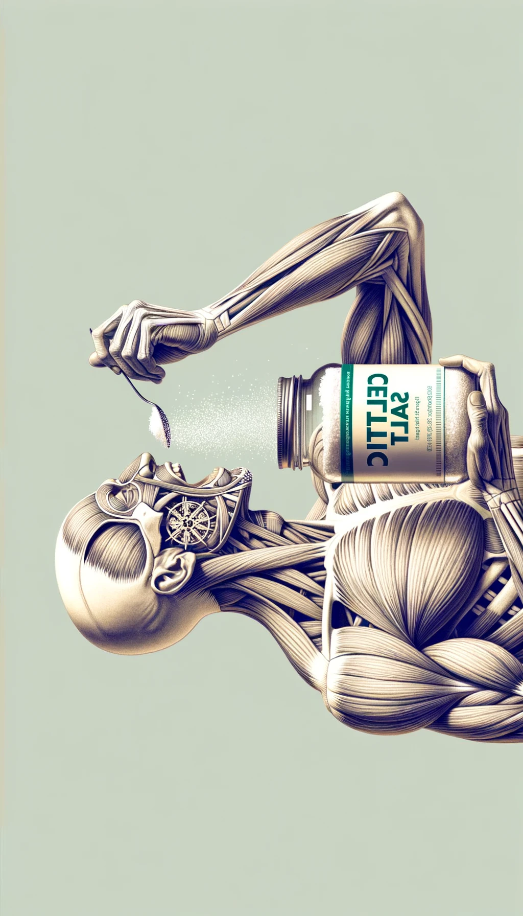 A REALISTIC ANATOMIC human body holding a jar with "CELTIC SALT" written on the label, he throws it in his mouth DURING BREAKFAST, NEUTRAL CLEAR BACKGROUND emoji