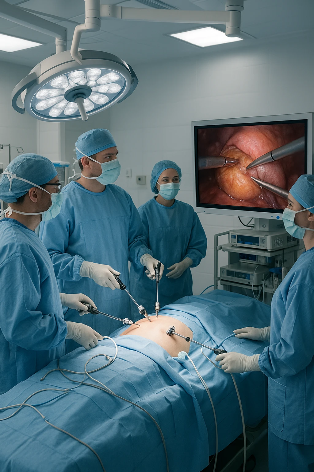 A realistic, clinical image inside a modern operating room during a laparoscopic cholecystectomy (gallbladder removal surgery). A team of surgeons in sterile gowns, masks, and gloves focus intently on the patient lying on the operating table. High-tech laparoscopic instruments are inserted through small incisions in the patient’s abdomen. On a large screen nearby, a close-up video feed shows the gallbladder being carefully dissected and removed using precise surgical tools. The environment is brightly lit with cool white surgical lights, and all medical equipment is clean and state-of-the-art. The mood is professional and sterile, conveying a sense of precision, care, and medical expertise. The patient is under anesthesia, covered with sterile drapes, with monitoring devices attached emoji