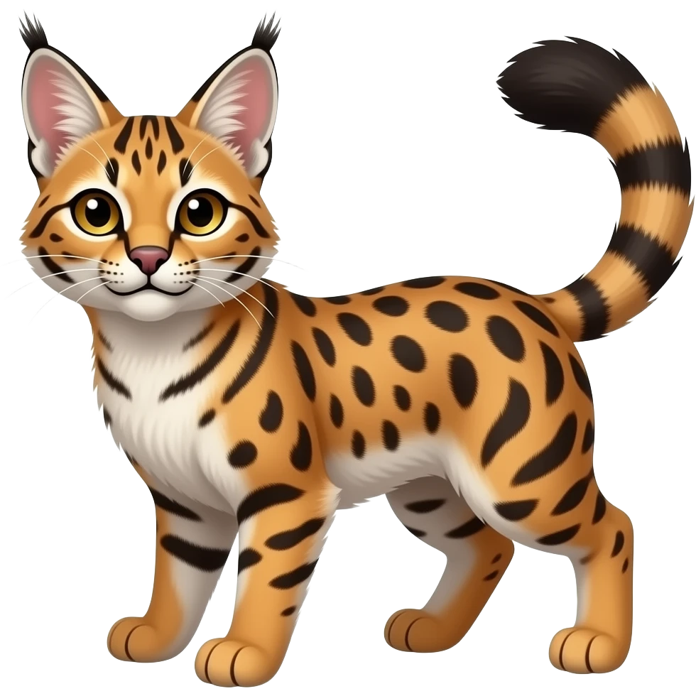 Tribal-Patterned Genet-Bobcat-Caracal-Serval-animal-hybrid-mix fantasy creature LiLaiRa Kamirah Falvie whiskers paws full body gradient stripes tufted tail feline emoji
