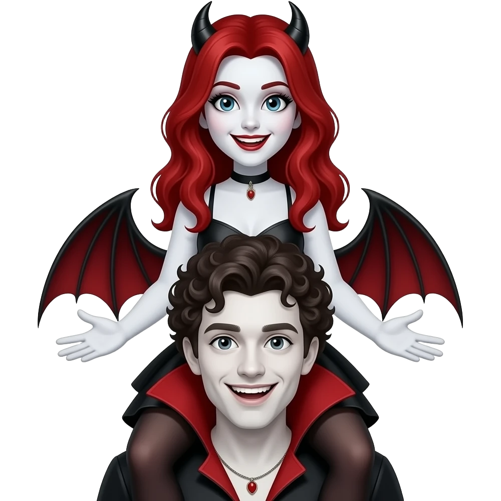 Vampiro femmina adolescente con la pelle bianca e i capelli rossi che sta sopra la schiena del suo fidanzato VAMPIRO con la pelle bianca e i capelli ricci e sono felici emoji